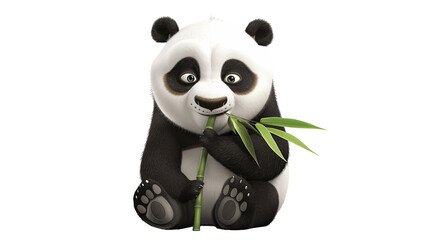 Obraz premium A cute and fluffy baby panda sitting down while holding a piece of bamboo, set against a white background.