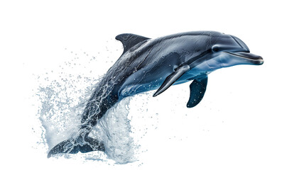 A friendly dolphin leaping out of the water, with droplets surrounding it, against a white background.