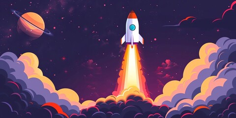 Space rocket flying toward the clouds believable rocket icon Having a successful company concept