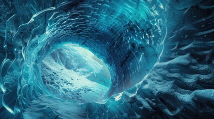 A large ice cave with a hole in the center, illuminated by natural light