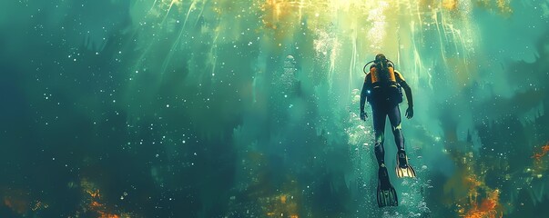 A scuba diver explores a vibrant underwater world.