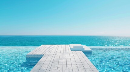 Obraz premium Tranquil Oceanfront with Wooden Pier, Ideal for Serene Vacation and Relaxation Ads, Features Deep Blue Sea and Clear Sky