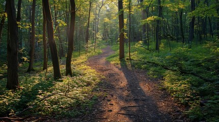 Naklejka premium Hiking a scenic local trail through dense forest,