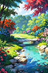 Obraz premium A tranquil river winds through a lush landscape, adorned with vibrant flowers and greenery, capturing the serene beauty of nature.