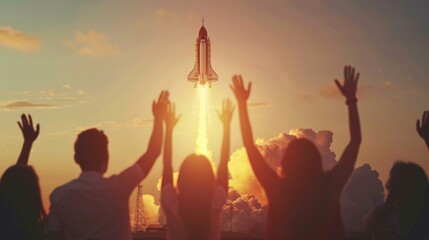 Silhouettes of People Watching a Rocket Launch at Sunset