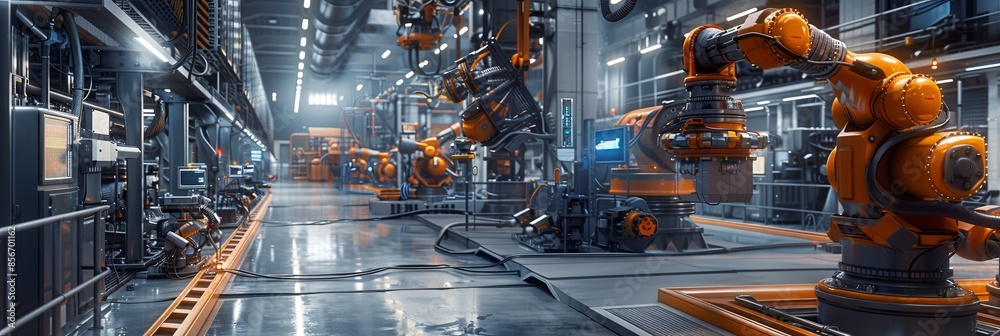 Fototapete a modern manufacturing plant uses robotic arms and ai to optimize production processes, showcasing c
