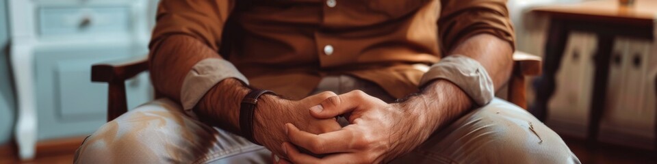 Fototapeta premium Anxious Middle-Aged Man Sitting Restlessly, Worried About Health Condition Deterioration, Awaiting Hospital Report Notification. High-Resolution AI-Generated Wallpaper Depicting Anxiety and Concern.