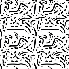 Seamless abstract geometric pattern. Simple background in black and white colors. Digital textured. Lines, stains, dots. Design for textile fabrics, wrapping paper, background, wallpaper, cover.