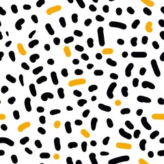Seamless abstract geometric pattern. Simple background in black, yellow, white colors. Digital textured. Lines, stains, dots. Design for textile fabrics, wrapping paper, background, wallpaper, cover.