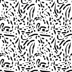 Seamless abstract geometric pattern. Simple background in black and white colors. Digital brush strokes. Lines, stains, dots. Design for textile fabrics, wrapping paper, background, wallpaper, cover.