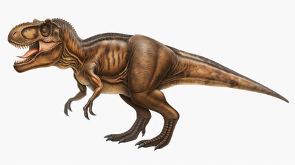 Realistic illustration of a T-Rex dinosaur roaring, depicting detailed texture and color in a side view.