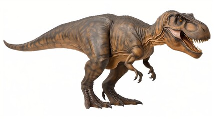 Fototapeta premium Realistic model of a fierce Tyrannosaurus rex, showcasing its sharp teeth and powerful stature on a white background.