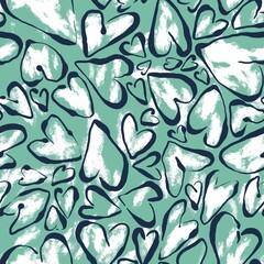 Seamless abstract geometric pattern. Simple background in blue, green, white colors. Hearts. Digital texture. Illustration. Design for textile fabrics, wrapping paper, background, wallpaper, cover.