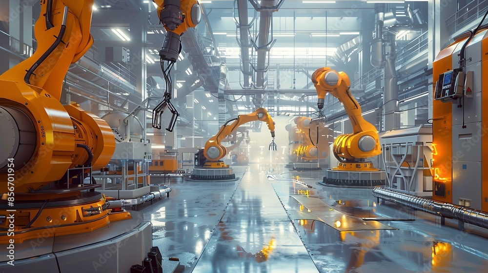 Leinwandbilder a futuristic manufacturing facility showcasing advanced robotic arms and ai systems, optimizing prod