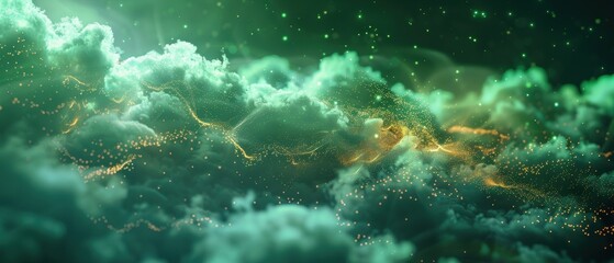 Fototapeta premium Abstract Green and Gold Background with Glowing Particles.