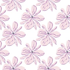 Seamless abstract botanical pattern. Simple background with pink, purple, white texture. Digital brush strokes. Flowers. Design for textile fabrics, wrapping paper, background, wallpaper, cover.