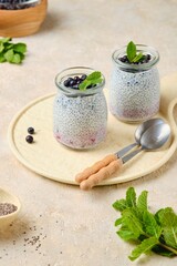 Breakfast, chia pudding with vegetable milk with blueberries in vintage jars on a light concrete background. Healthy food, lifestyle. Chia recipes.