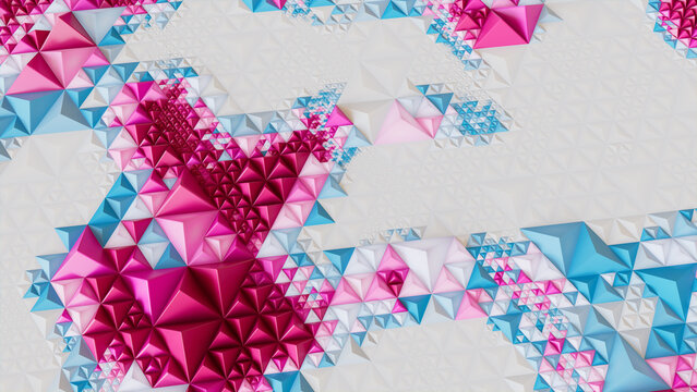 Bright Futuristic Surface with Triangular Pyramids. White, Blue and Pink Abstract 3d Background.