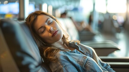 Woman relaxing and sleeping while waiting in airport transit lounge
