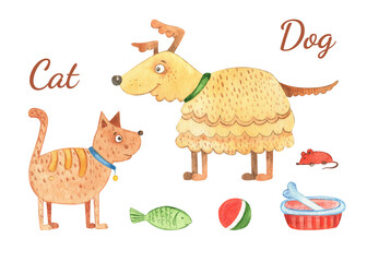Set of watercolor illustrations of cat, dog, pet products, accessories for cats and dogs. Sofa, houses, food, bowl, toys, bone, plush fish. Pet store care, treatment, grooming, entertainment, feeding.