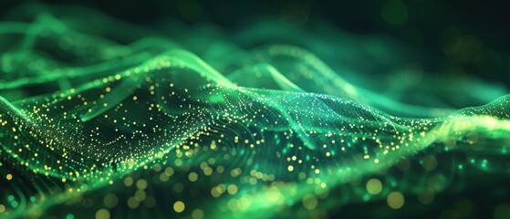 Abstract Green Digital Waves with Glowing Particles.