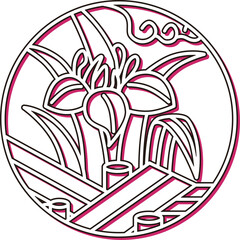 カラーシャドウの円形シンプル花札　菖蒲　八橋　杜若　皐月　5月　菖蒲に八橋