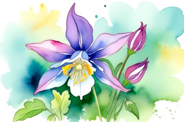 Fototapeta premium Hand painted watercolor graceful columbine flower (aquilegia). Color illustration of columbine flower for botanical books, articles, postcard and invitation designs