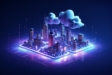 Digital Futuristic Cityscape Under Blue Sky, High Tech Urban Architecture and Smart Technology Visualization