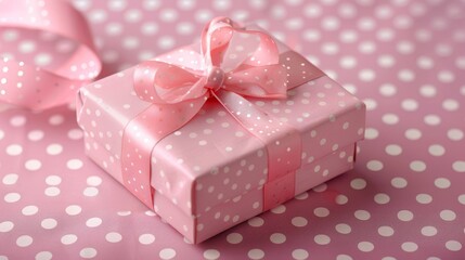 Fototapeta premium Charming pink gift box tied with a satin ribbon, on a polka dot background, perfect for anniversaries, detailed and raw style