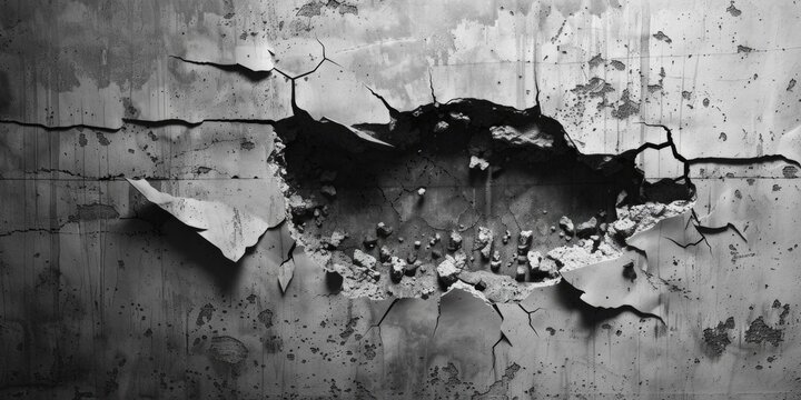 A black and white photograph of a hole in a wall, suitable for use in scenes where a character is searching for something or trying to escape