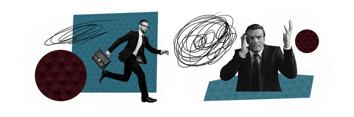 Panoramic photo collage young runner businessman stress deadline miss late time management task...