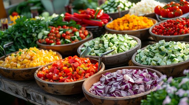 Colorful salad buffet with fresh vegetables, catering and event planning theme, ideal for events, raw style, detailed and inviting