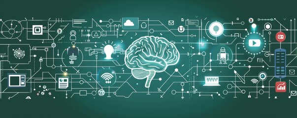 Digital brain surrounded by futuristic technology icons and network connections