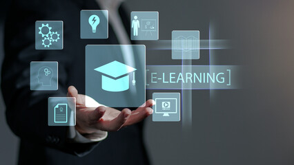 Concept of Online education. man use Online education training and e-learning webinar on internet for personal development and professional qualifications. Digital courses to develop new skills.