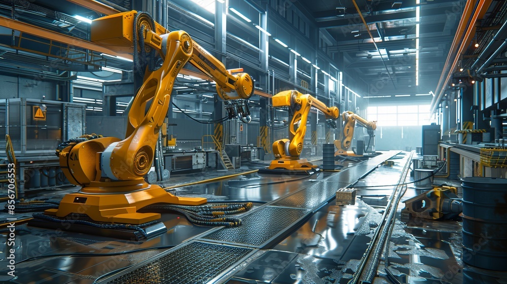Leinwandbilder an industrial setting featuring a line of robotic arms working in a high-tech manufacturing plant. g