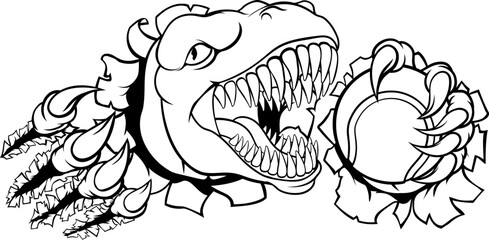 A dinosaur T Rex or raptor tennis player cartoon animal sports mascot holding a ball in its claw © Christos Georghiou
