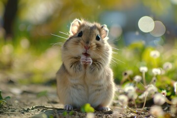 A hamster is seen sitting on the ground eating its food