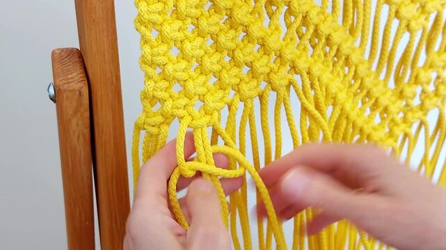 Square knot, macrame weaving with yellow threads