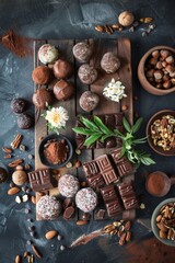 Aerial view of a stylish dessert board featuring assorted chocolates and truffles, beautifully arranged with elegant presentation