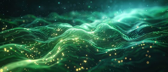 Abstract Green and Gold Background with Glowing Particles.