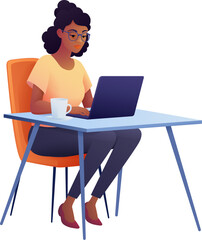 A woman, person, using a laptop computer cartoon illustration. Possibly remote working online from home or running a business as an entrepreneur or freelancer. Could also be a college student studying