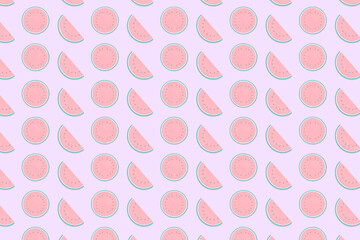 紫の背景とシームレスに並んだスイカの断面のかわいい素材