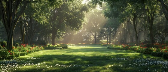 Obraz premium Sunbeams in a magical forest.