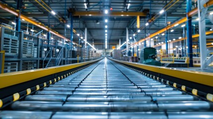 Obraz premium Interior of a modern factory featuring an empty conveyor belt system, efficient and automated production line, industrial and raw