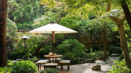 A peaceful garden scene with a traditional Japanese umbrella, known as a wagasa, providing shade over a quaint tea table. 