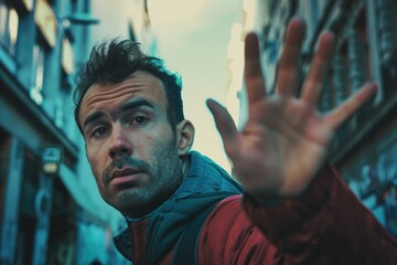 A person holding a stop sign in their hand, used for traffic control or as a prop