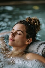 A woman lying down in a body of calm water, her eyes closed