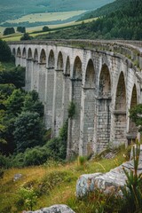 Obraz premium A train travels across a suspension bridge surrounded by a lush green hillside