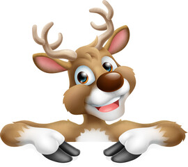 Obraz premium Cartoon Santa Claus or Father Christmas reindeer peeking over a sign