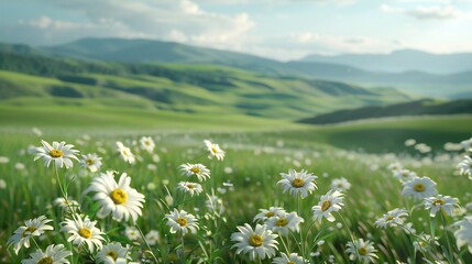 Daisies in a field with green rolling hills in the background, under a clear and bright spring sky.